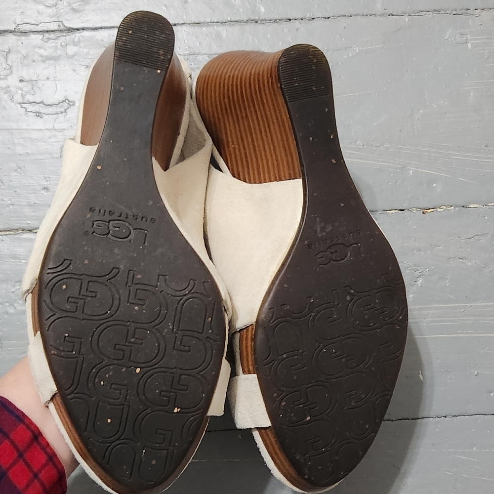 Ugg Beige Suede Slingback Criss Cross Strap Stacked Wooden Wedge Heel Sandals - Picture 5 of 7